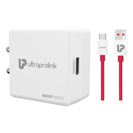UltraProlink Boost 100SVC|100W SUPERVOOC Charger with Type-C Cable| Compatible with Oneplus, Oppo, Realme, Redmi,Xiaomi|1m USB A-C TPE Cable| Supports Dash, Warp, Vooc, SuperVooc,Dart|UM1201|White